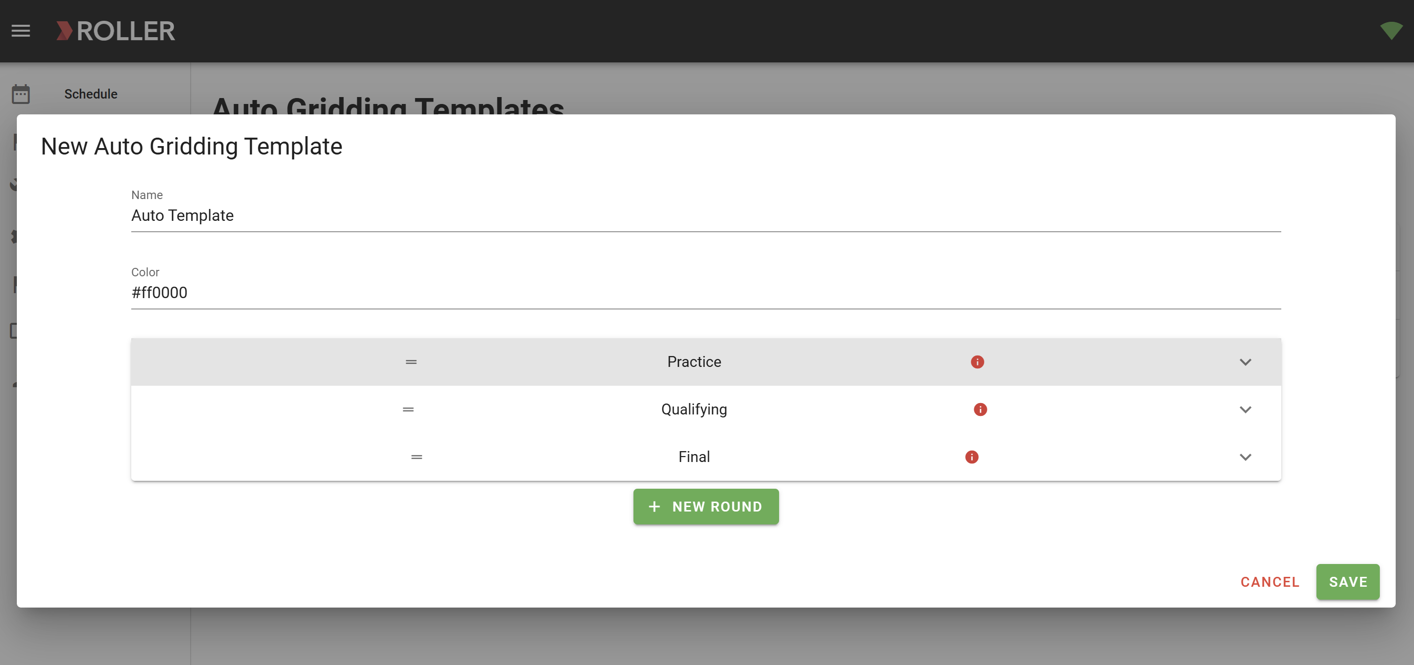 Creating a new auto gridding template with practice, qualifying, and final rounds listed.